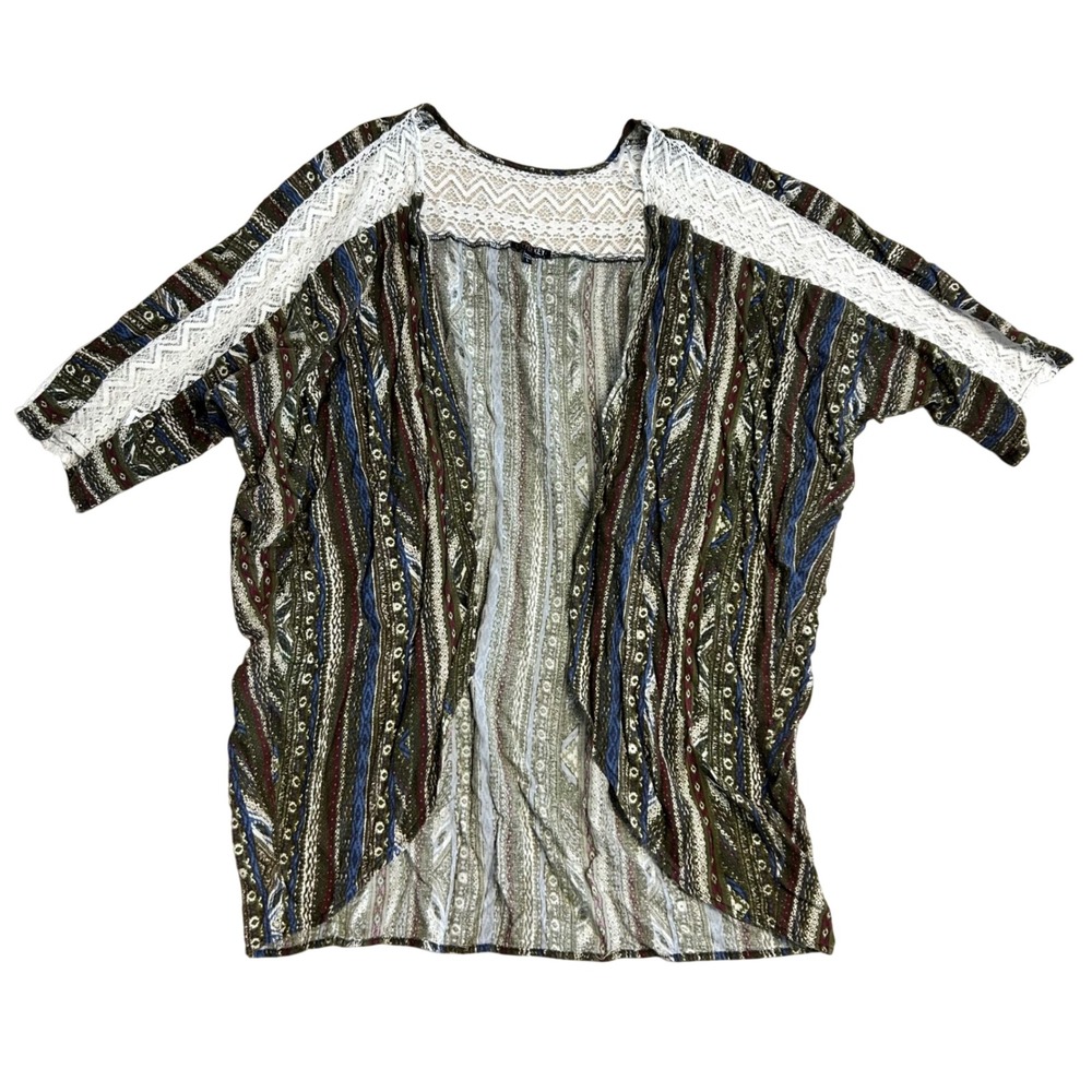 Swim Cover Cruise Vacation Kimono Cardigan Boho Stripe Lace Trim Open Front